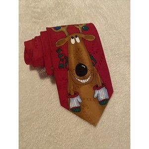 Hallmark Yule Tie Greetings Mens Neck Tie Reindeer Christmas Red 59"